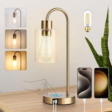 Imagem de Candeeiro de mesa dourado com porta USB, luminária de cabeceira com controle de toque regulável em 3 vias, luminária de cabeceira moderna com sombra de vidro, luminária de mesa industrial para quarto