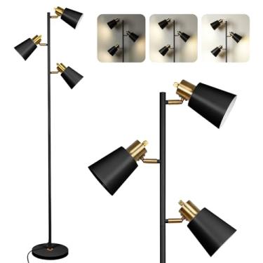 Imagem de Luminária de chão regulável, luminária de chão de árvore moderna regulável, 3 lâmpadas de LED giratórias para sala de estar, quarto, escritório (preto)