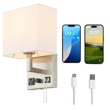 Imagem de HomeFocus - Arandelas de parede de cabeceira, luz de parede regulável com tomada e duas portas de carregamento USB, com fio ou plugue, luz de parede, lâmpada de parede para quarto, sala de estar