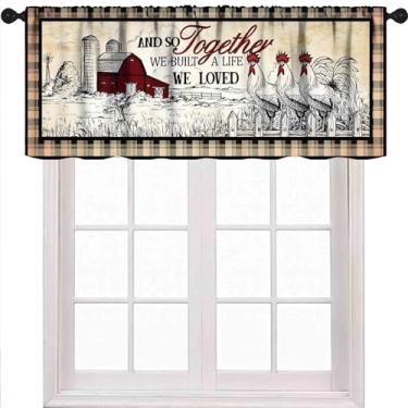 Imagem de Farmhouse Farm – Sanefa de cozinha rústica, vintage, galo, cozinha, búfalo, xadrez, moinho de vento, bolso para varão, café curto, cortinas de tratamento de janela pequena para quarto, sala de estar