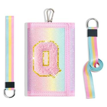 Imagem de cotmcor Carteiras infantis para meninas, adolescentes, 6-8, 8-10 anos, linda bolsa infantil com inicial de rebanho, bolso para moedas, glitter, arco-íris, carteira transversal para presentes de