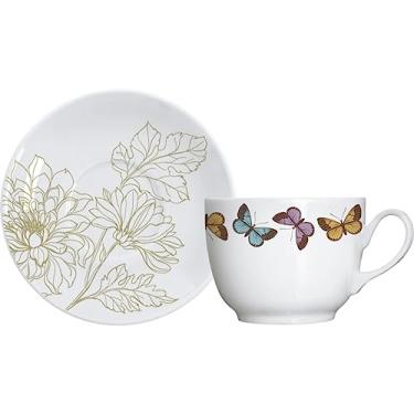 Imagem de Germer, Xícara e pires para chá em porcelana, modelo Coup, Milão, 240 ml, Branco com detalhes em dourado e borboletas