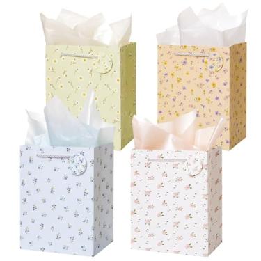 Imagem de Crisky Sacos de presente de papel com alças, pacote com 4 sacos de presente de casamento florais de flores silvestres de tamanho médio com papel de seda para chá de panela, noivado, aniversário