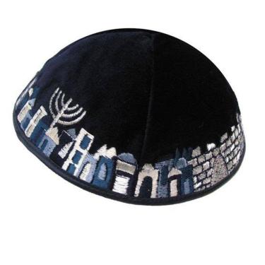 Imagem de Kipa Judaico Veludo Preto - Menorah Jerusalém Bordada