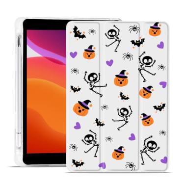 Imagem de MAYCARI Capa de Halloween para iPad de 10,2 polegadas 2021/2020/2019 com suporte para lápis, caveiras originais Pumpkins iPad 9ª/8ª/7ª geração, capa protetora traseira de TPU macio, capa fina hibernar