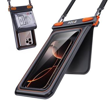 Imagem de pzoz Bolsa de telefone impermeável para iPhone 17 16 15 14 Pro Max Galaxy S25 S24, certificado IPX8, bolsa seca para telefone com cordão ajustável para férias na praia, preto e laranja