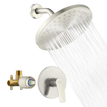 Imagem de Lavatrum Conjunto de cabeça e alça de chuveiro de níquel escovado, spray único, montagem na parede, torneira de chuveiro redonda de 20 cm com válvula áspera e kit de acabamento para banheiro (1,8 GPM)