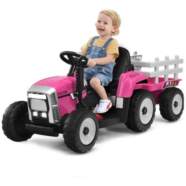 Imagem de Trator Elétrico Infantil 2 em 1 com Reboque, Controle Remoto, Câmbio de 3 Marchas, Música, USB e Bluetooth, 12V, Olakids, Rosa