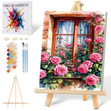 Imagem de Mowana Kit de pintura por números para adultos iniciantes, tela de pintura de flores de janela emoldurada com cavalete de madeira, pintura a óleo árclica DIY 20 x 30 cm para decoração de parede de