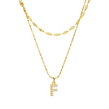 Imagem de Rockyu Colar feminino em camadas de ouro com inicial e pingente de letra F, corrente dupla banhada a ouro 14K, joia delicada personalizada para uso diário, presente de aniversário