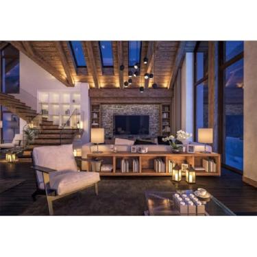 Imagem de Yeele 2,1 x 1,5 m, pano de fundo para sala de estar, moderno, aconchegante, apartamento, noite, sala de estar, sofá, escada, fotografia de madeira para vídeo ao vivo, reuniões online, decoração de