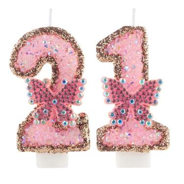 Imagem de Vela de aniversário de 21 anos rosa número 21 velas de glitter de borboleta de diamante, decorações de topo de bolo para meninas, mulheres, aniversário, casamento, festa de aniversário, suprimentos