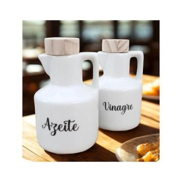 Imagem de Kit Galheteiro de Azeite e Vinagre em Porcelana com Tampas de Pinus - 