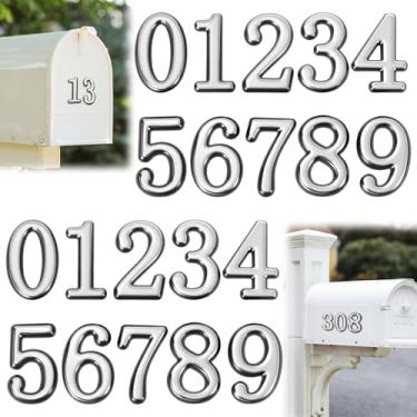Imagem de 50 peças autoadesivas, à prova d'água, refletivas, números de caixa de correio, 5 cm, adesivos de endereço de plástico dourado 3D para caixa de correio externa, porta, apartamento, lixeiras (prata)