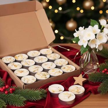 Imagem de Velas perfumadas de jasmim – Pacote com 64 – Luzes de chá brancas de cera de palma de 4 horas, velas de chá perfumadas de flores secas (sem parafina), vela votiva para casa/ioga/banho/meditação