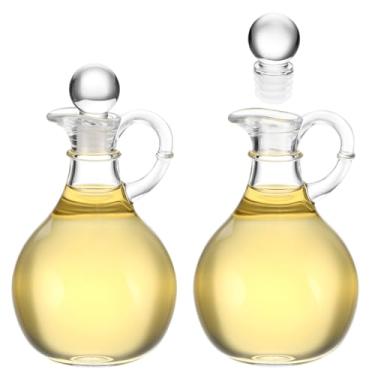 Imagem de QWORK Conjunto de 2 galheteiros de óleo de vidro e vinagre, garrafas dispensadoras de azeite de oliva de vidro transparente com tampas herméticas, recipientes redondos para molho de salada