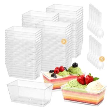 Imagem de SIJDIEE 120 peças de copos de sobremesa transparentes com colheres, copos de parfait retangulares de plástico transparente, mini tigelas de servir para frutas, sorvete, sobremesas, aperitivos, pudim