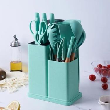Imagem de Kit de Utensílios de Cozinha em Silicone, 19 Peças, Verde, Resistente a Altas Temperaturas, Livre de BPA, com Facas, Tesoura, Tábua, Espátulas e Suporte