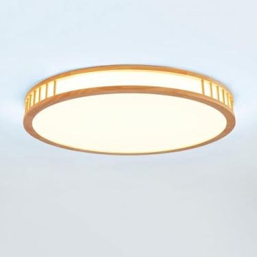 Imagem de Luminária de teto LED com acabamento em madeira, luz branca 6000K, design nórdico plano e redondo, ideal para sala de estar, quarto, cozinha, restaurante, corredor, iluminação interna de 50