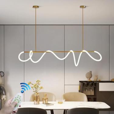 Imagem de Lustre moderno linear de LED em metal para mesa de jantar, com controle remoto, temperatura de cor ajustável de 3000K a 6500K e comprimento regulável. Ideal para cozinhas, halls de entrada,