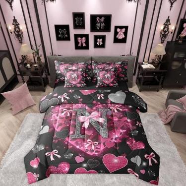 Imagem de Erosebridal Conjunto de cama solteiro com letra M, preto, rosa, alfabeto, laço e laço | Jogo de cama infantil com estampa de leopardo e corações de amor e laço