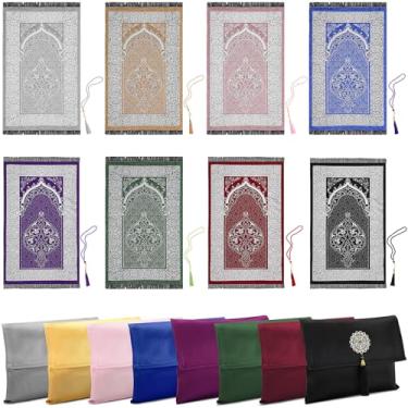 Imagem de Mindsoft Pacote com 8 tapetes de oração muçulmanos, tapete de oração portátil com tapete de oração, bolsa de viagem e contas de oração, presente de Ramadã, presentes islâmicos para homens, mulheres e