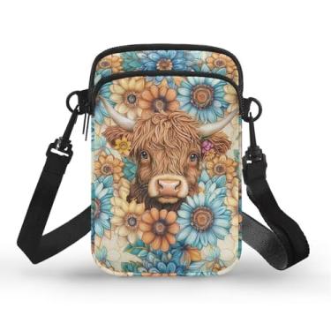Imagem de CLOHOMIN Bolsa transversal para celular, mini bolsa tiracolo feminina e masculina com bolsos com zíper, Highland Cow Boho Flowers