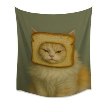 Imagem de Fantasia de gato no pão tapeçaria de meme engraçada para pendurar na parede, lindo retrato de gatinho creme, decoração de quarto para quarto, dormitório, sala de estar, cozinha, presente, inauguração