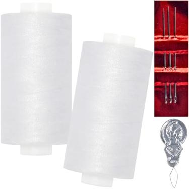 Imagem de Linha de costura multiuso - 2 carretéis de linha de costura manual de poliéster com 3 agulhas, 1 enfiador de agulha para máquina de costura para costura manual e máquina (branco, 2 carretéis)