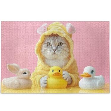 Imagem de Quebra-cabeças engraçados de gato com desenho de pato 500 peças para adultos família elefantes brancos presentes personalizados difícil quebra-cabeça cenário decoração de arte animal, 52 cm x 37,8 cm
