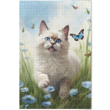 Imagem de Quebra-cabeça de flores de gato Ragdoll fofo personalizado para adultos 500 peças jogo engraçado exclusivo quebra-cabeça paisagem floral, 52 cm x 37,8 cm