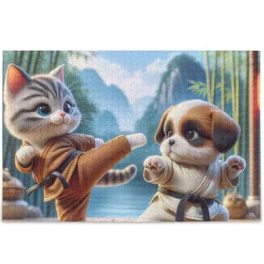 Imagem de Quebra-cabeça engraçado de gato e cachorro Kung Fu 500 peças para adultos animal flor arte natureza divertido quebra-cabeça presentes personalizados para amantes de quebra-cabeça, 52 x 37,8 cm