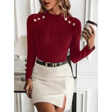 Imagem de Blusa feminina borgonha canelada elástica - blusa de manga comprida com botões e ombros, Borgonha, M