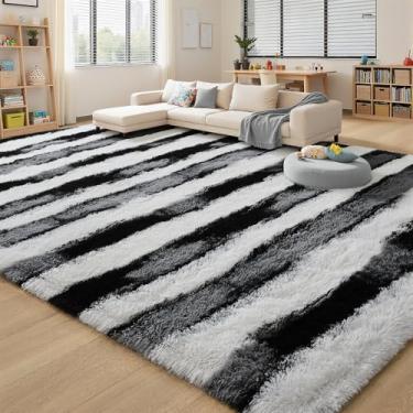 Imagem de FALARK Tapete felpudo grande de 15 x 23 cm, tapetes listrados preto e branco para sala de estar, tapete lavável antiderrapante moderno para ambientes internos, tapetes peludos para decoração de quarto