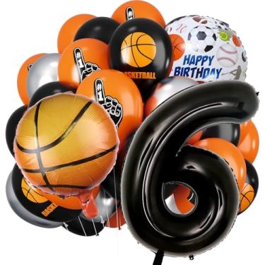 Imagem de Balões de basquete, balões de número preto, bolas de basquete laranja pretas impressas e balão de látex prateado (número 6)