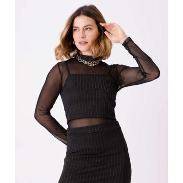 Imagem de Blusa Cropped Feminino Risca De Giz Alças Finas Marisa-25217, PP, Pret