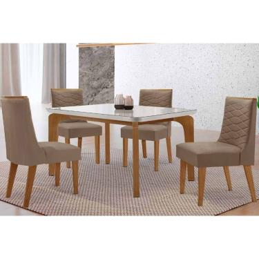 Imagem de Sala Jantar Mesa Londrina Tampo c/ Vidro Curvo 120cm 4 Cadeiras Maldivas Madeira Naturale/Off White - Capuccino/Suede Capuccino - Rufato