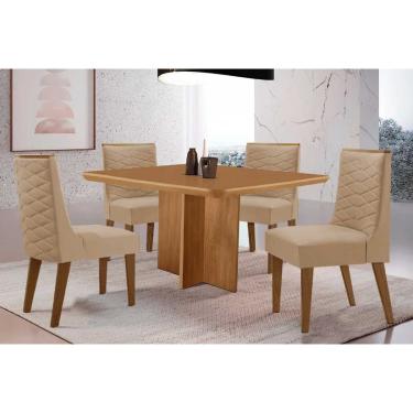 Imagem de Sala Jantar Mesa Berlim Tampo Curvo 90cm+4 Cadeiras Dafne Madeira Naturale - Capuccino/Linho Bege - Rufato