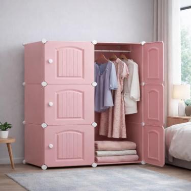 Imagem de GUARDA ROUPA ARMARIO CABIDEIRO 6 PORTAS ARARA ORGANIZADOR PORTATIL MODULAR ROSA