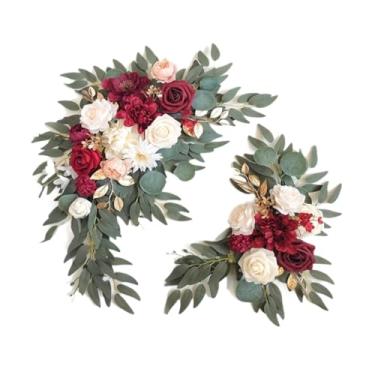 Imagem de IEUDNS Conjunto de 2 peças de flores de seda para decoração floral, arco de casamento artesanal, guirlanda de flores artificiais para porta de entrada, festa, Vermelho