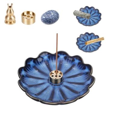 Imagem de AHANDMAKER Suporte de incenso de cerâmica para palitos com 3 peças, queimador de incenso, suporte de cone de latão, cuia de 9 furos, bases de incensos, bandeja coletora de cinzas para sala de