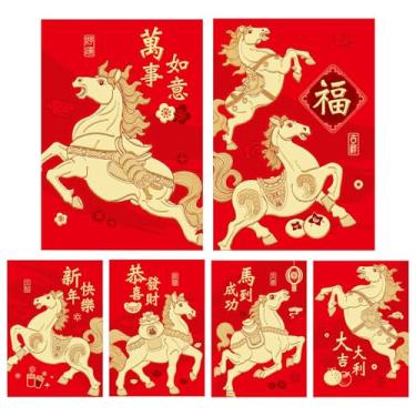 Imagem de Envelopes chineses vermelhos - bolso com design de cavalo, texto bênção 2026, embalagem vermelha de impresso - para meninos, meninas, adultos, família, festa de aniversário, inauguração de casa