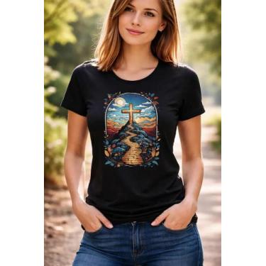 Imagem de Camiseta baby look feminina algodão cruz sagrada caminho Deus Jesus - 