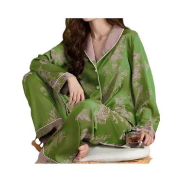 Imagem de Conjunto De Pijamas De Manga Longa E Calças Longas Verdes Para Mulhere