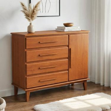 Imagem de Cômoda 4 Gavetas e 1 Porta em Madeira Maciça de Pinus com Corrediças Telescópicas Castanho Claro