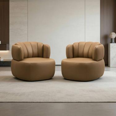 Imagem de Kit 02 Poltronas Giratória Orgânica Para Sala Living Oceane L06 Couro Marrom Claro - Lyam Decor