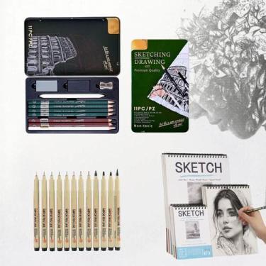Imagem de Kit Profissional de Desenho com 12 Canetas Nanquim, Sketchbook A4 160g