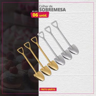 Imagem de Kit 06 Colheres de Sobremesa Inox Pá Redonda - Genérica, Dourado e Pra