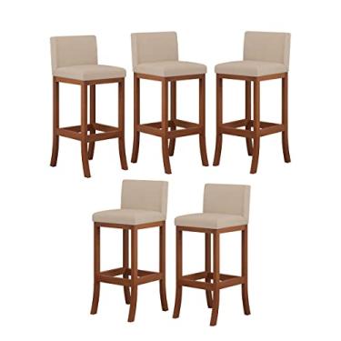 Imagem de Kit 5 Banquetas Alta Encosto Estofado 38x98 Cm Ilha Espanha Madeira Maciça Castanho Suede Bege - CCS