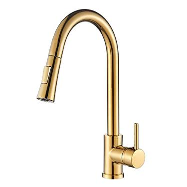 Imagem de Torneira de cozinha preta misturador de água quente e fria torneira de guindaste com fluxo de rotação pia lavagem de louças para cozinha puxar para fora, ouro brilhante, china